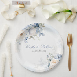 Prato De Papel Casamento Floral Azul-Dusty, Elegante