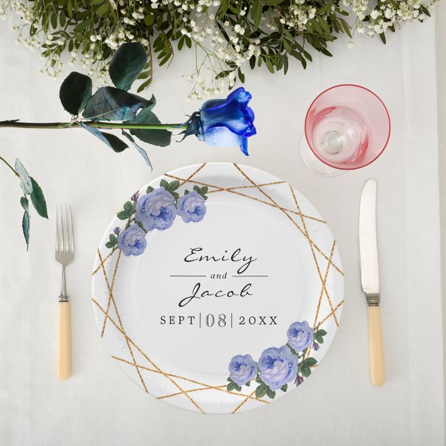 Prato De Papel Casamento Floral Azul Geométrico Dourado Elegante (Elegant Gold Glitter Geometric Blue Floral Wedding Paper Plates)