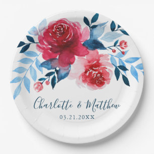 Prato De Papel Casamento floral azul vermelho da aguarela