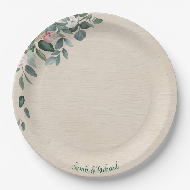 Prato De Papel Casamento Floral Blush Sage (Frente)