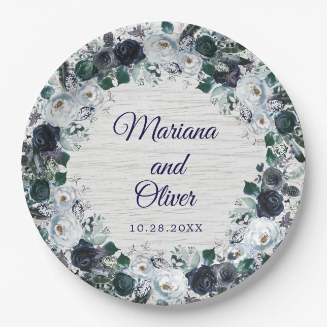 Prato De Papel Casamento Floral Boho Azul Marinho (Frente)