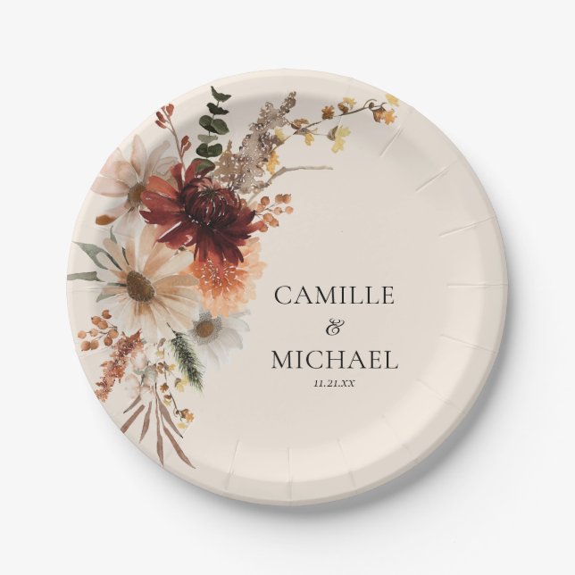 Prato De Papel Casamento Floral Boho Borgonha (Frente)