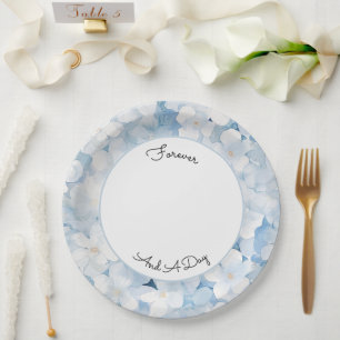 Prato De Papel Casamento Floral Branco Azul de Santorini