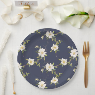 Prato De Papel Casamento Floral Branco Azul-Marinho Romântico