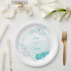 Prato De Papel casamento floral branco de turquesa