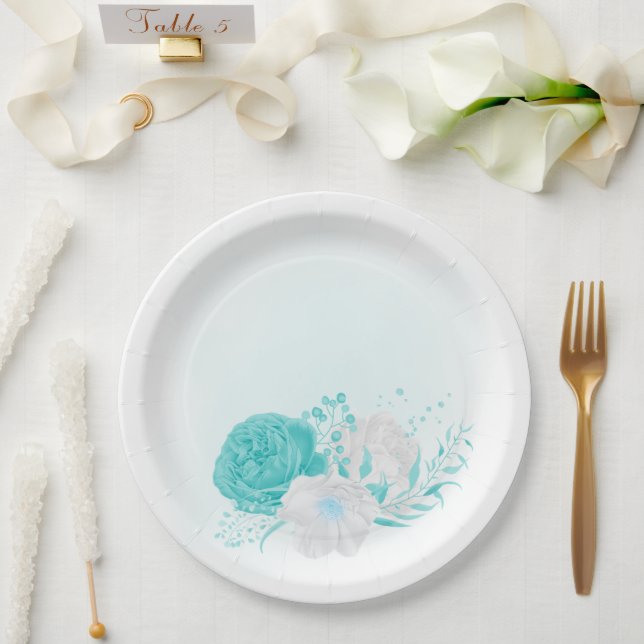 Prato De Papel casamento floral branco de turquesa (Casamento)