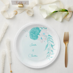 Prato De Papel casamento floral branco turquesa
