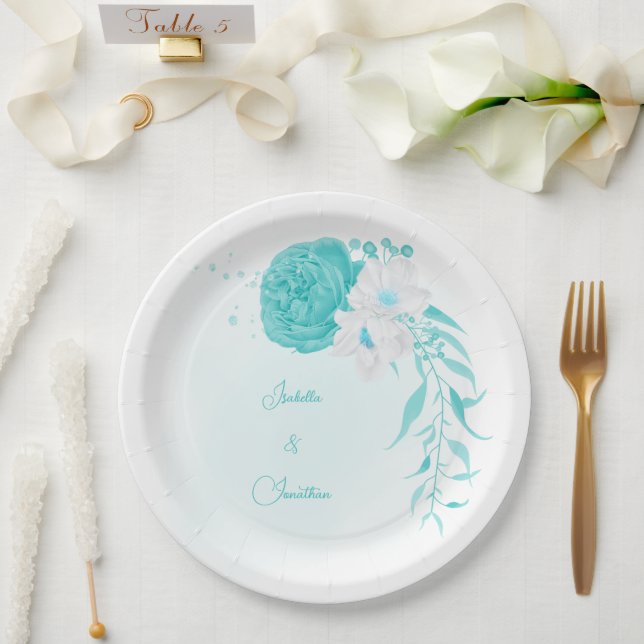 Prato De Papel casamento floral branco turquesa (Casamento)