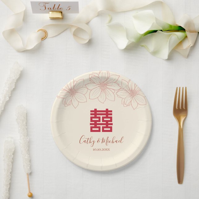 Prato De Papel Casamento floral chinês boho red e beige (Casamento)