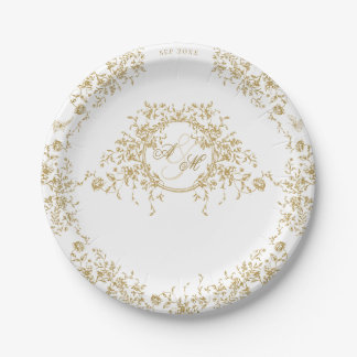 Prato De Papel Casamento Floral Clássico Elegante Dourado Elegant