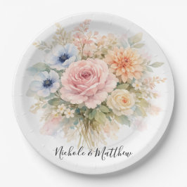 Prato De Papel Casamento Floral com Aquarela Suave