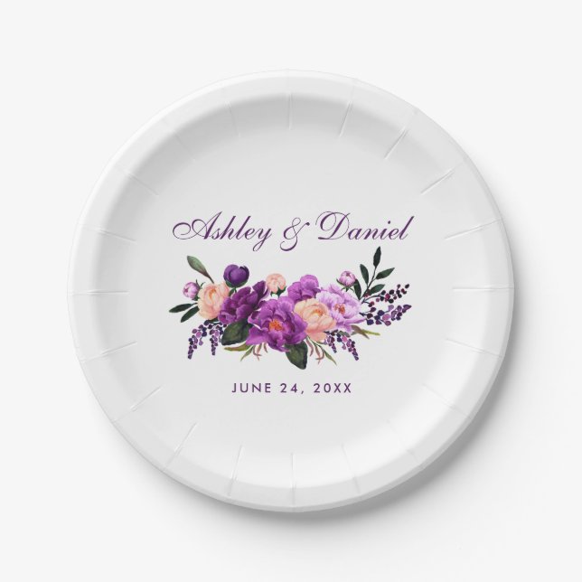 Prato De Papel Casamento Floral com Cor de Água Púrpura Ultra Vio (Frente)