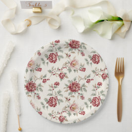 Prato De Papel Casamento Floral Creme Vermelho Bastante Chic