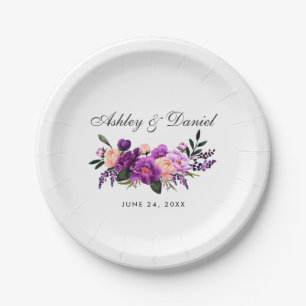 Prato De Papel Casamento floral da aguarela roxa ultravioleta