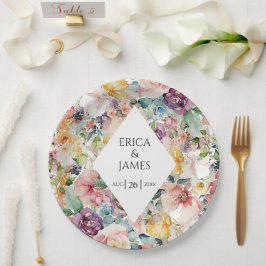 Prato De Papel Casamento Floral de Aquarela Elegante