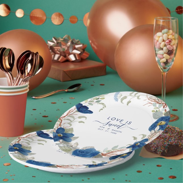 Prato De Papel Casamento floral de cor azul-víbora (Múltiplo)