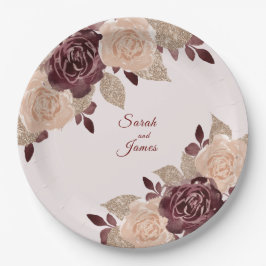 Prato De Papel Casamento Floral de Elegante Burgundy Rosa Glitter