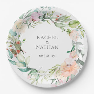 Prato De Papel Casamento Floral de Elegante Watercolor Greenery