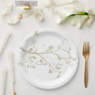 Prato De Papel Casamento Floral de Galhos de Pássaro Creme Azul