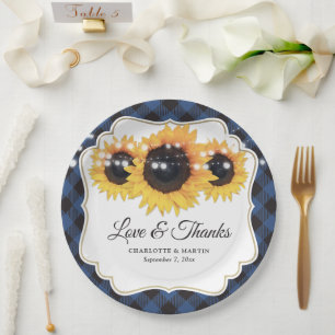 Prato De Papel Casamento Floral de Girassol Xadrez de Búfalo Azul