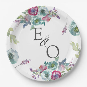 Prato De Papel Casamento floral de hortelã e cor-de-rosa monogram