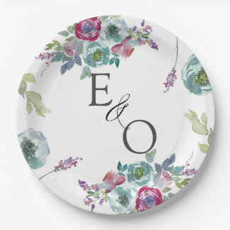 Prato De Papel Casamento floral de hortelã e cor-de-rosa monogram
