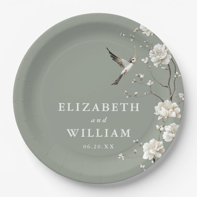 Prato De Papel Casamento Floral de Jardim em Verde Sage com Chino (Frente)