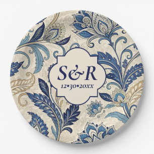 Prato De Papel Casamento Floral de Monograma Azul e Creme Damask