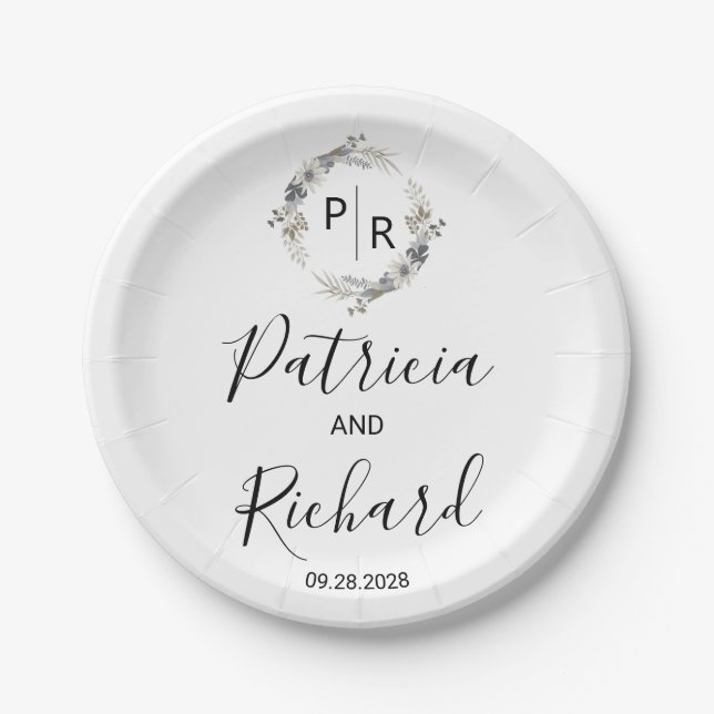 Prato De Papel Casamento Floral de Monograma de Aquarela (Frente)