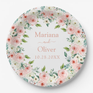 Prato De Papel Casamento Floral de Peach White Watercolor