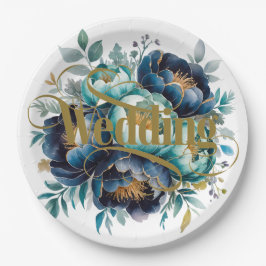 Prato De Papel Casamento Floral de Peonia Azul Aqua Marinho Azul