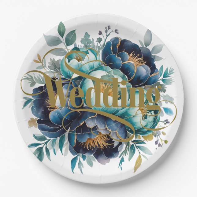 Prato De Papel Casamento Floral de Peonia Azul Aqua Marinho Azul (Frente)