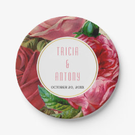 Prato De Papel Casamento floral de rosas de colheita cor-de-rosa
