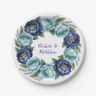 Prato De Papel Casamento Floral de Turquesa Azul Elegante
