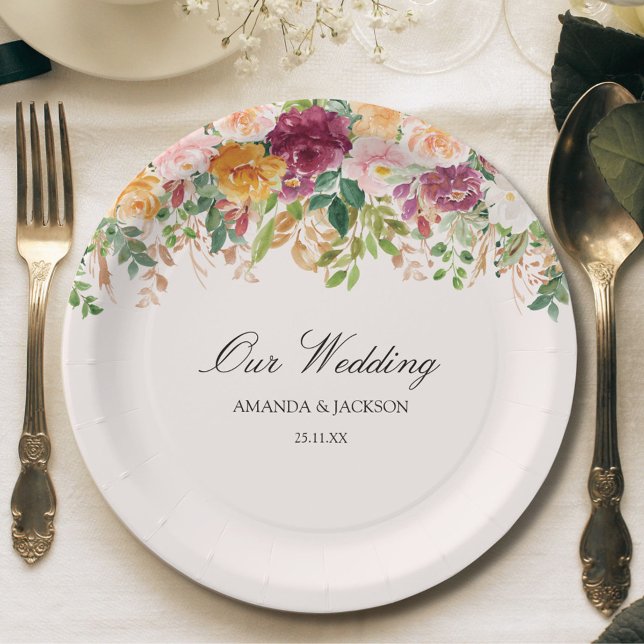 Prato De Papel Casamento Floral do Jardim de Caligrafia Elegante (In situ)