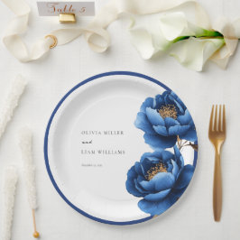 Prato De Papel Casamento Floral Dourado Azul-Marinho Elegante