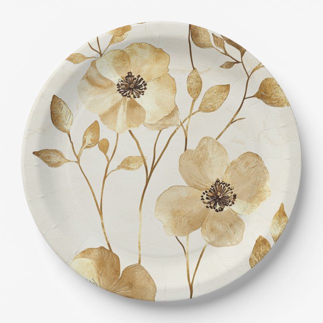Prato De Papel Casamento Floral Dourado Creme (Frente)