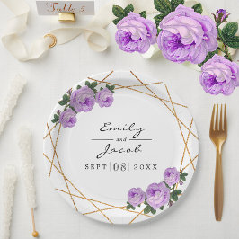 Prato De Papel Casamento Floral Dourado Elegante Geo Purple