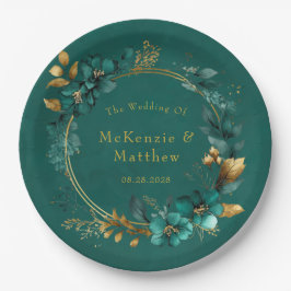 Prato De Papel Casamento Floral Elegante de Teal e Dourada Waterc