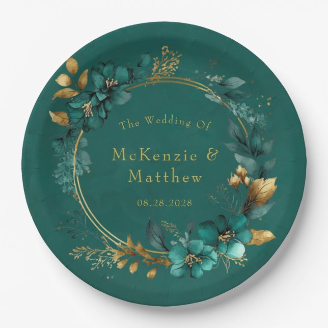 Prato De Papel Casamento Floral Elegante de Teal e Dourada Waterc (Frente)