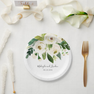 Prato De Papel Casamento Floral Elegante em Aquarela Branca