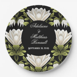 Prato De Papel Casamento Floral Elegante Preto e Branco: Caligraf