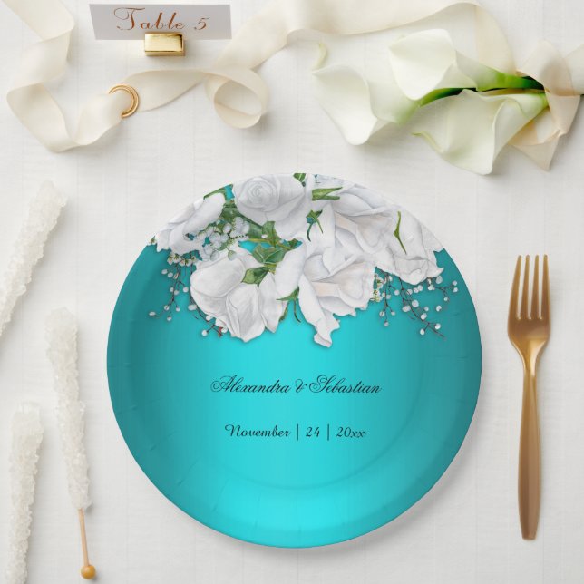 Prato De Papel Casamento Floral Elegante Turquoise (Casamento)