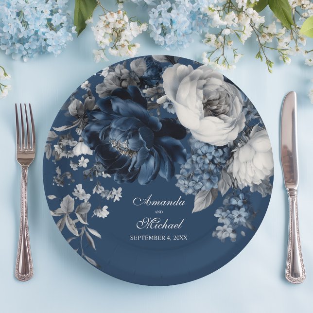 Prato De Papel Casamento Floral Moderno de Blues e Cinzas (Modern Blues & Gray Floral Wedding Paper Plates)
