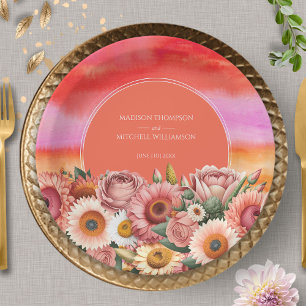 Prato De Papel Casamento Floral Moderno Laranja Laranja-Cor-de-So