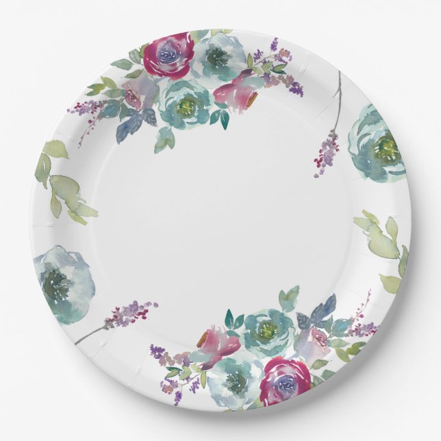 Prato De Papel Casamento floral Monogrammed Mint & Mauve (Frente)