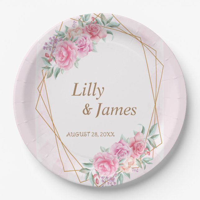 Prato De Papel Casamento Floral Pink (Frente)