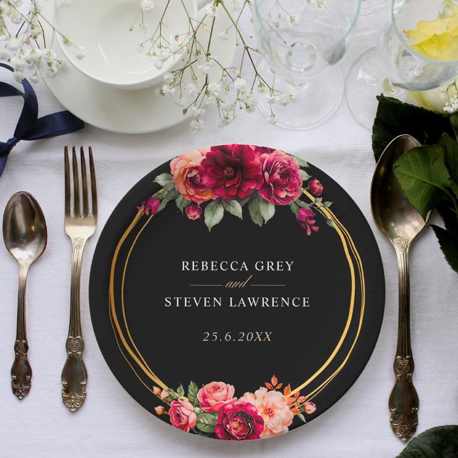 Prato De Papel Casamento floral preto vermelho-chic (Criador carregado)