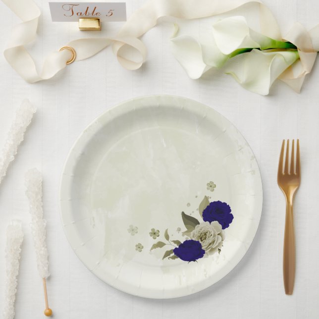 Prato De Papel Casamento floral real de bege azul (Casamento)