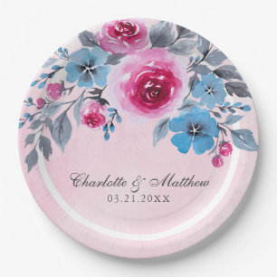 Prato De Papel Casamento Floral Romântico Cor De Rosa E Azul